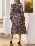 Perfee Leopard Surplice Long Sleeve Midi Dress