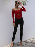 Perfee Decorative Button Off-Shoulder Long Sleeve Bodysuit