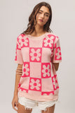 BiBi Flower Checker Pattern Short Sleeve Sweater - Trendsi