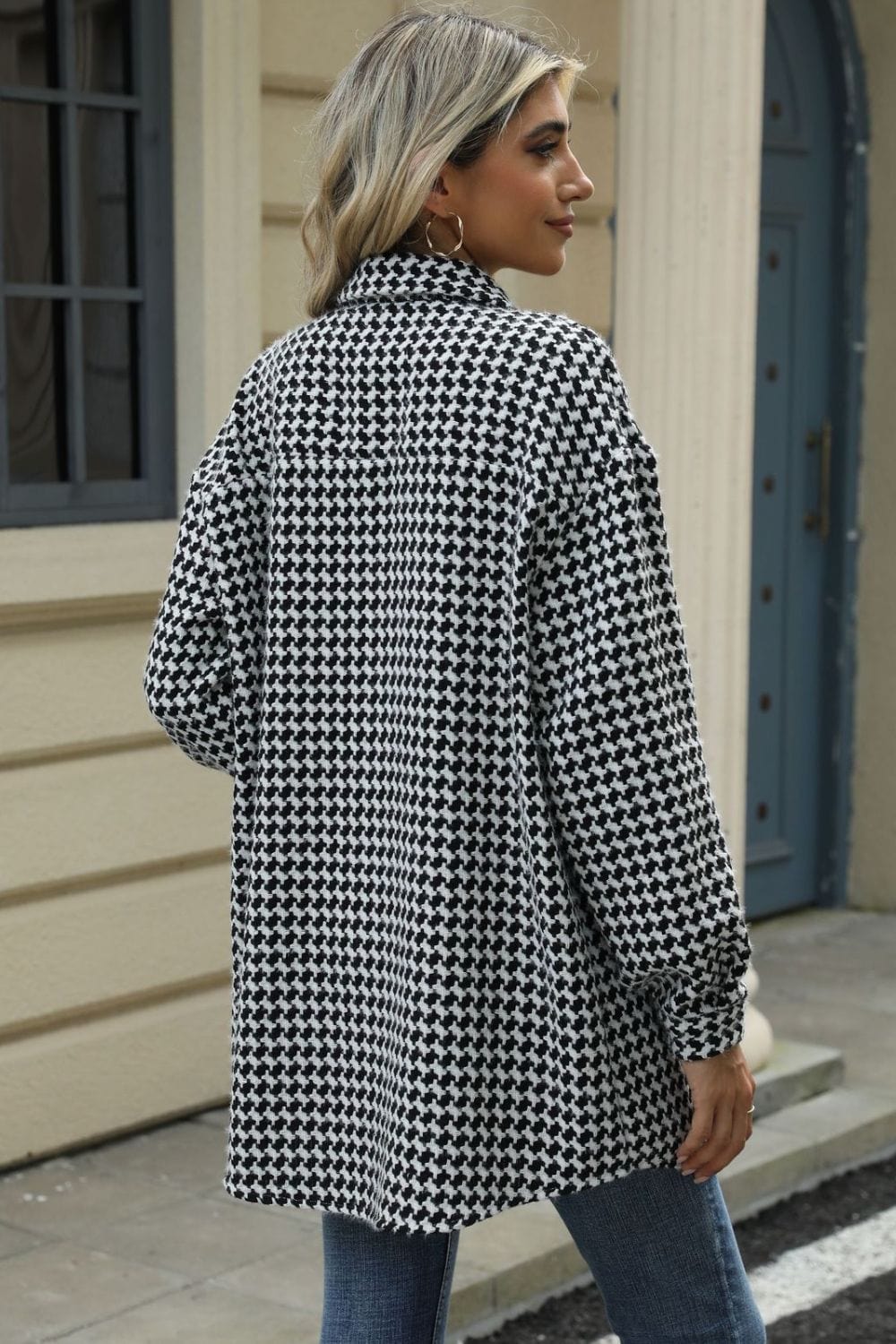 Houndstooth Button Up Dropped Shoulder Coat - Trendsi