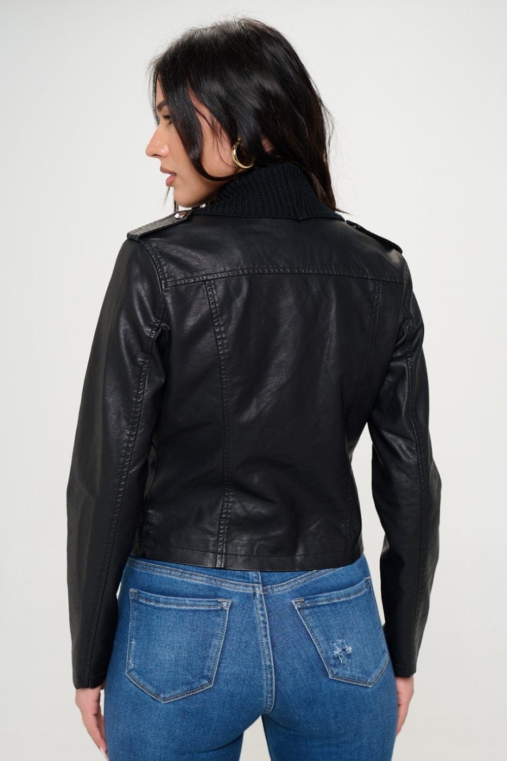 Coalition LA Knit Collared Faux Leather Crop Jacket - Trendsi