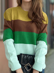 Color Block Round Neck Long Sleeve Sweater - Trendsi