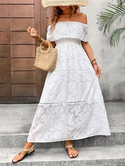 Off-Shoulder Short Sleeve Maxi Dress - Trendsi