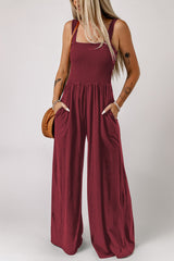 Smocked Square Neck Wide Leg Jumpsuit with Pockets - Flyclothing LLC