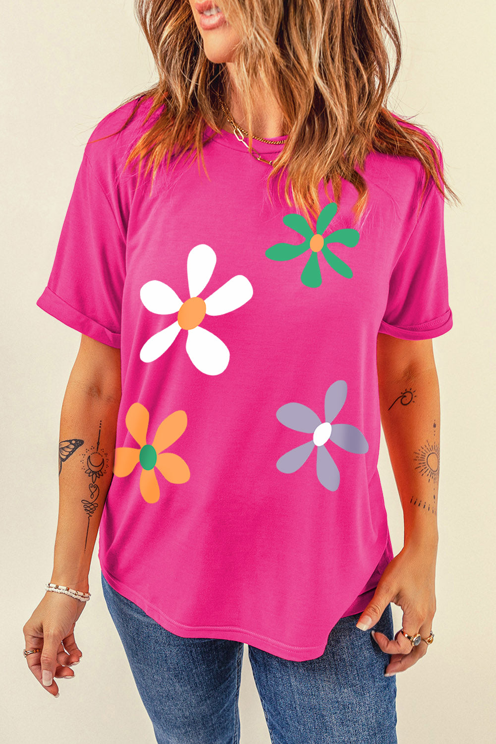 Flower Round Neck Short Sleeve T-Shirt Trendsi