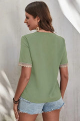 Full Size Lace Detail V-Neck Short Sleeve Blouse Trendsi