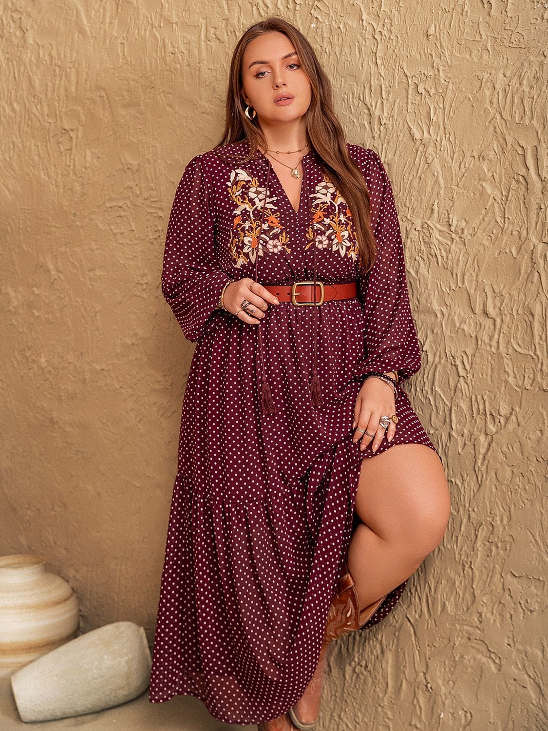 Plus Size Embroidered Polka Dot Tie Neck Long Sleeve Midi Dress - Trendsi