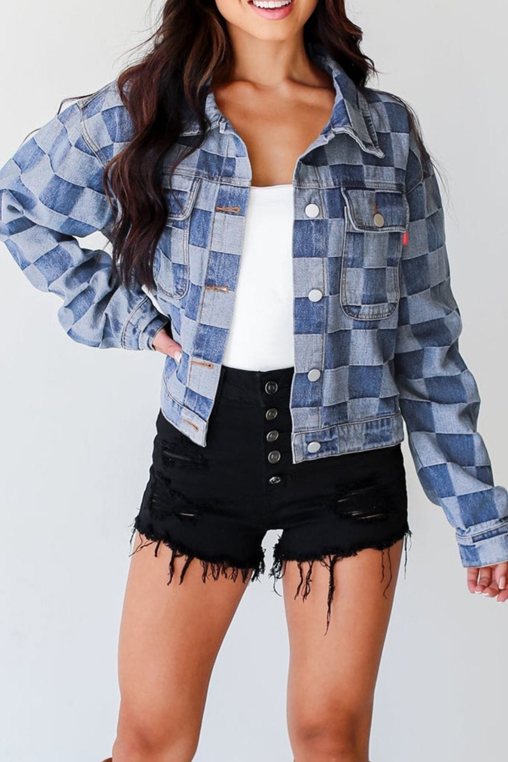 Checkered Button Up Denim Jacket - Trendsi