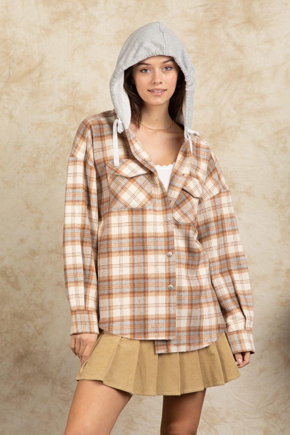 Drawstring Plaid Long Sleeve Hooded Jacket - Trendsi