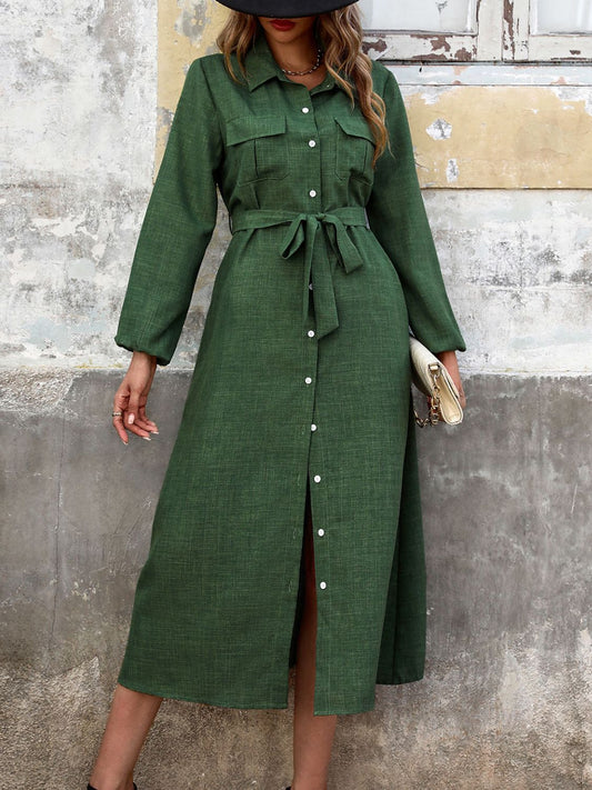 Collared Neck Long Sleeve Midi Shirt Dress - Trendsi