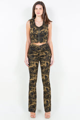 American Bazi V-Cut Ruched Camo Flare Pants - Trendsi