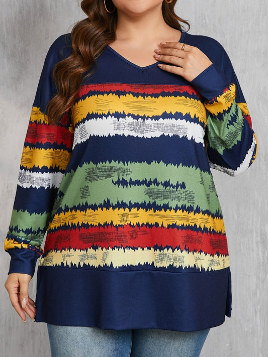 Plus Size Color Block V-Neck Long Sleeve T-Shirt - Trendsi