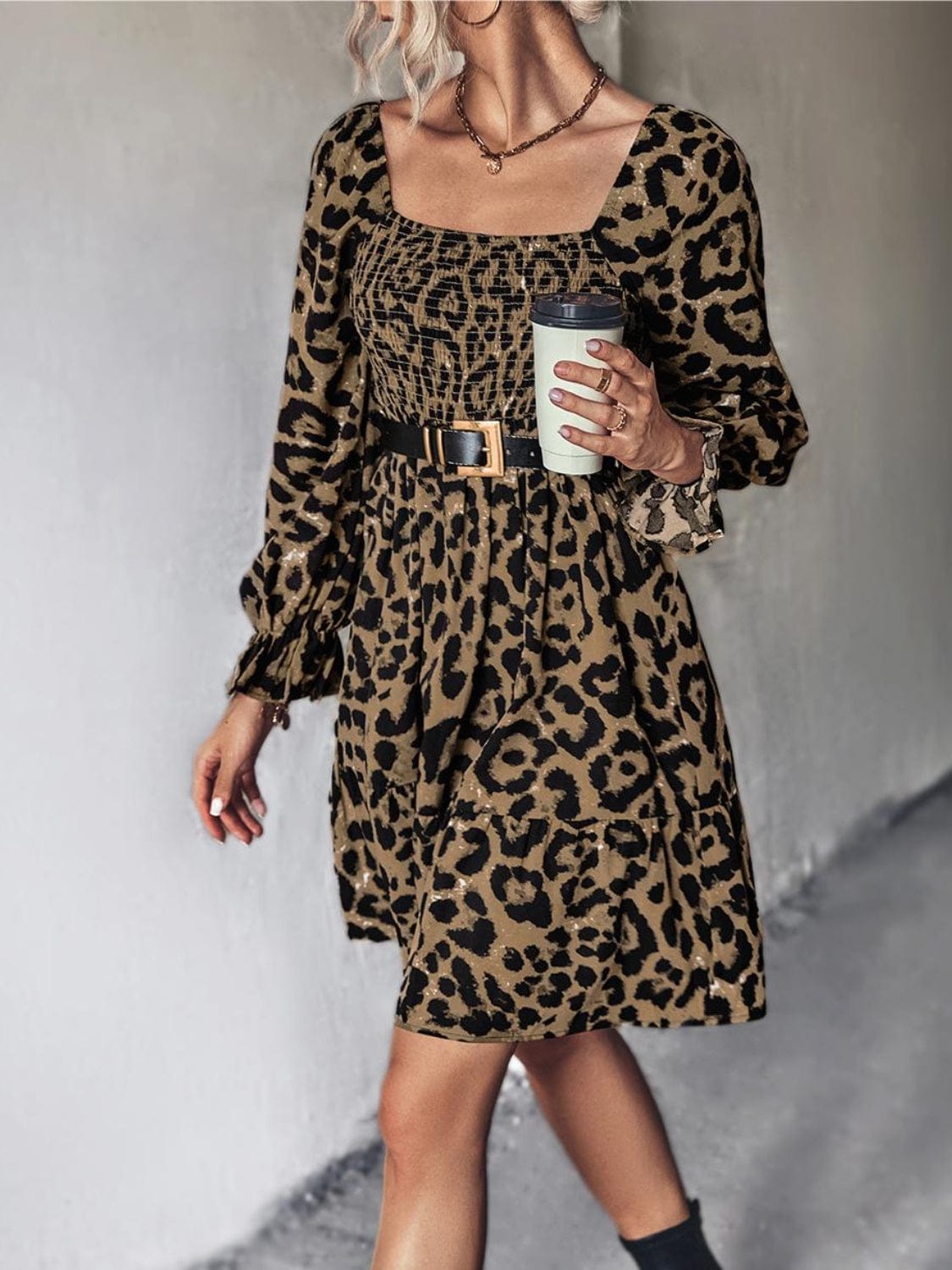 Leopard Smocked Flounce Sleeve Mini Dress - Trendsi