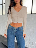 Buttoned V-Neck Long Sleeve T-Shirt - Trendsi