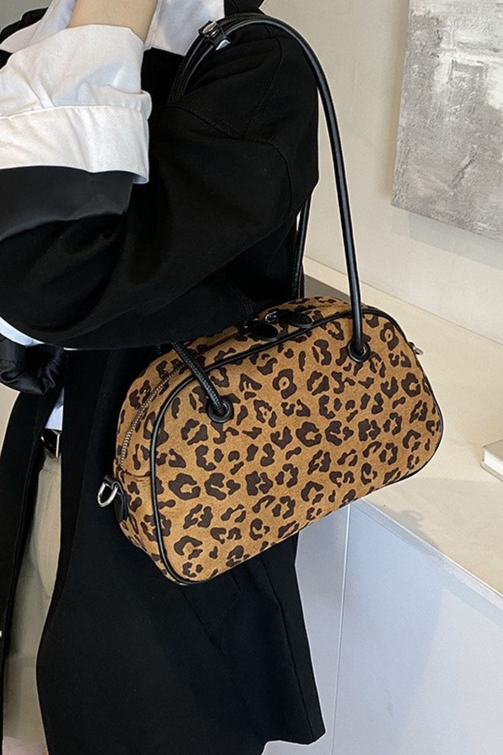 Leopard Suede Medium Shoulder Bag - Trendsi