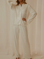 Collared Neck Long Sleeve Top and Pants Lounge Set - Trendsi