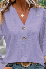 Eyelet Notched Long Sleeve T-Shirt - Flyclothing LLC