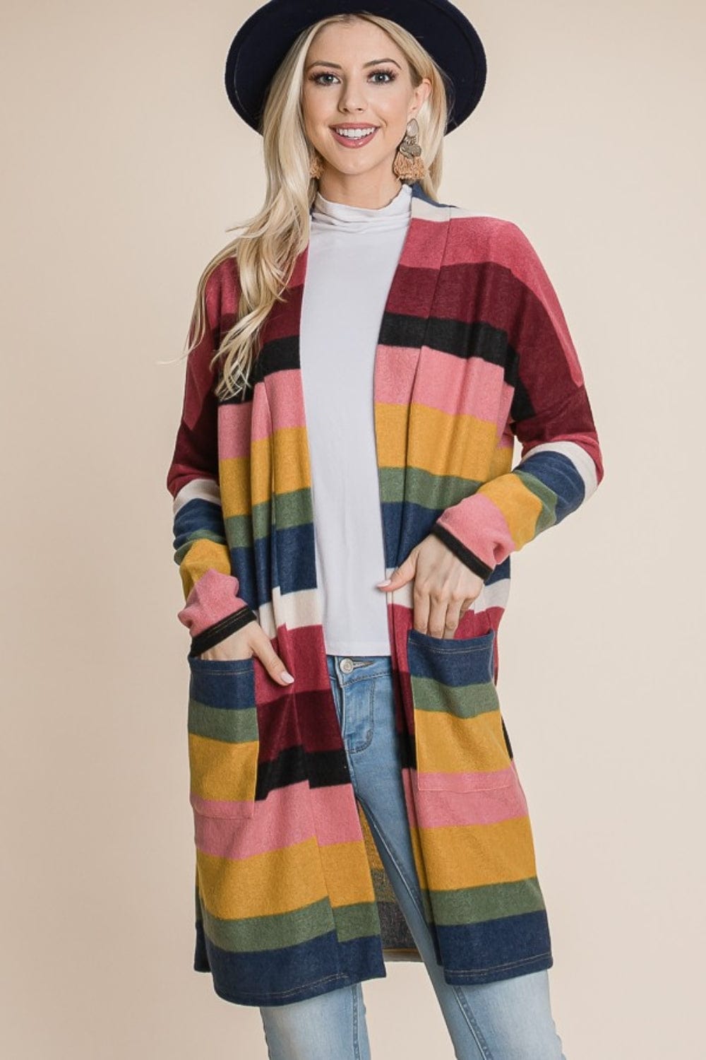 BOMBOM Color Block Striped Open Front Cardigan - Trendsi