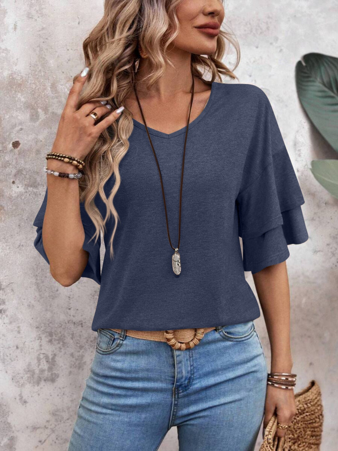 V-Neck Half Sleeve Blouse Trendsi