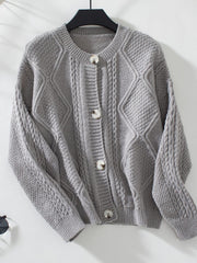 Cable-Knit Round Neck Button Up Cardigan - Trendsi