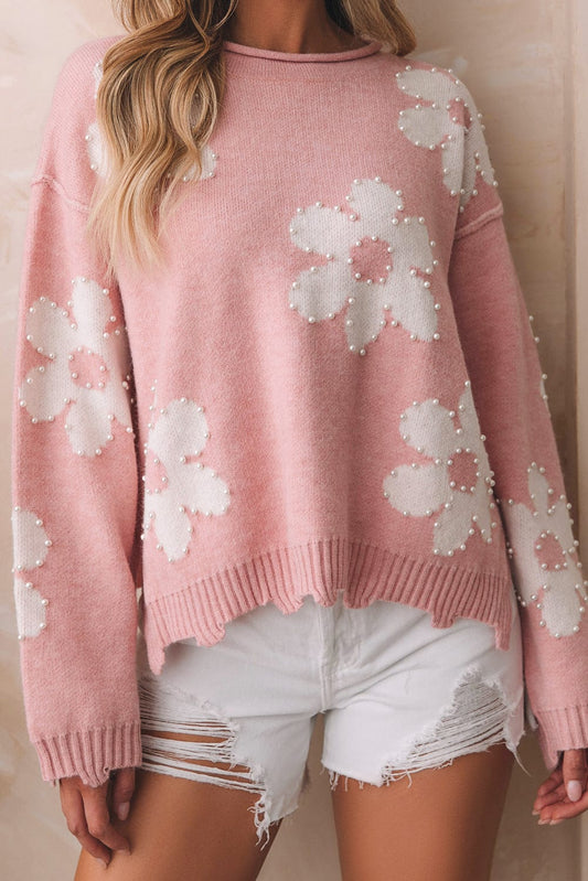 Pearl Trim Flower Round Neck Sweater - Trendsi