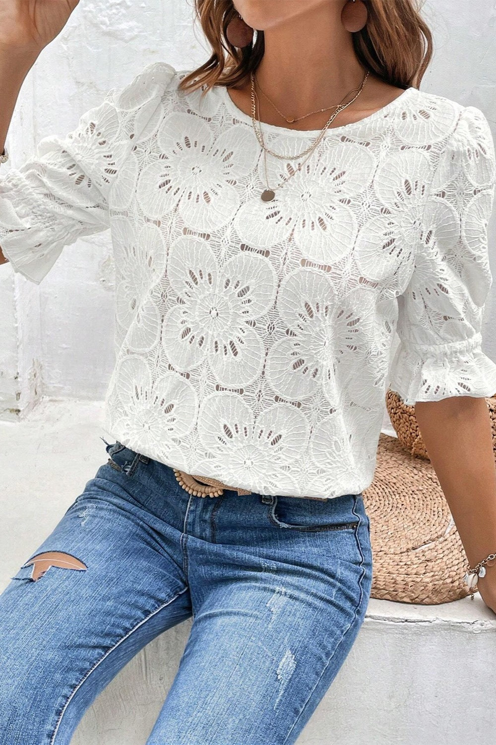 Round Neck Flounce Sleeve Blouse - Flyclothing LLC