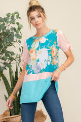 Celeste Full Size Open Tie Sleeve Floral Contrast Top - Trendsi