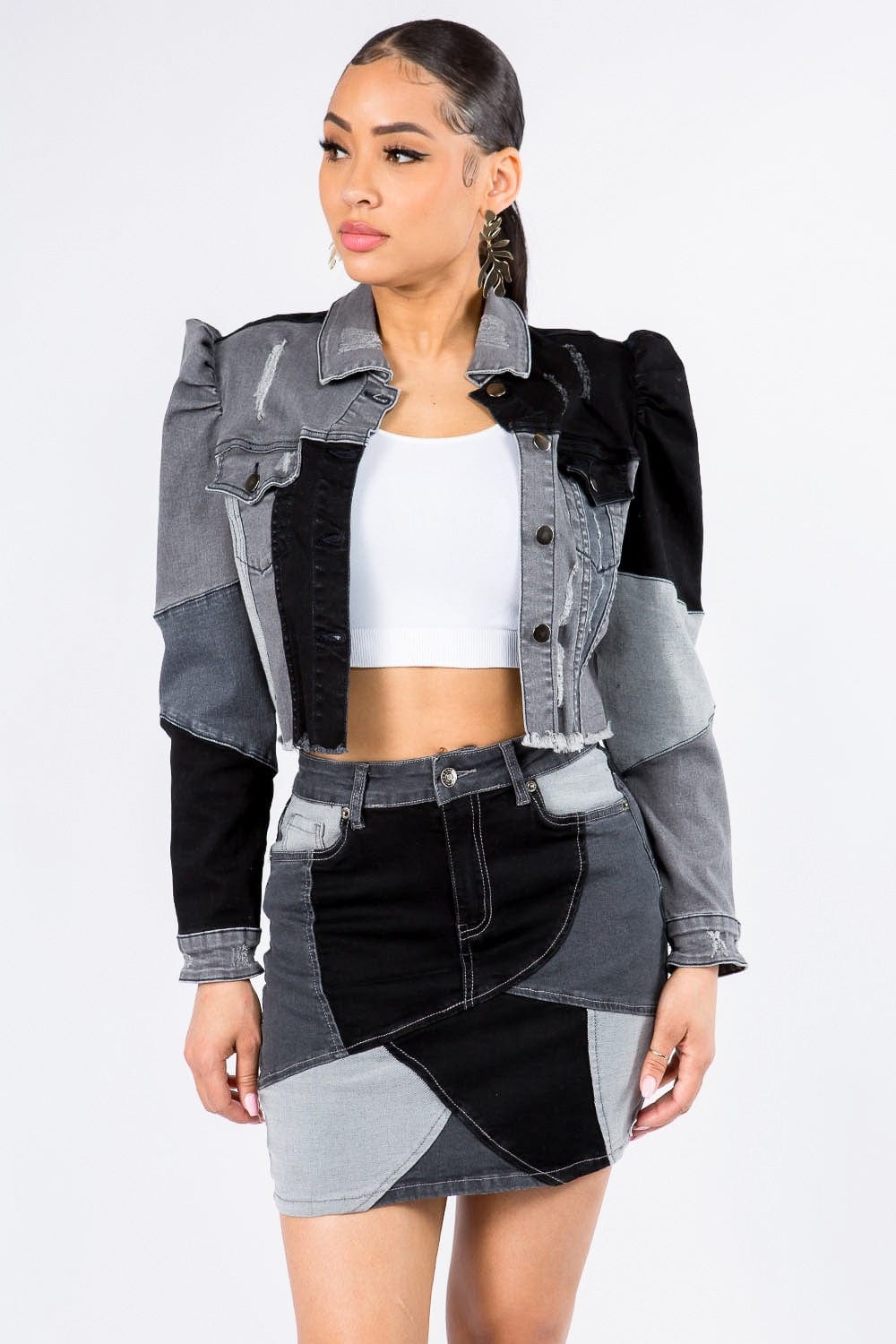 American Bazi Button Up Cropped Patchwork Denim Jacket - Trendsi