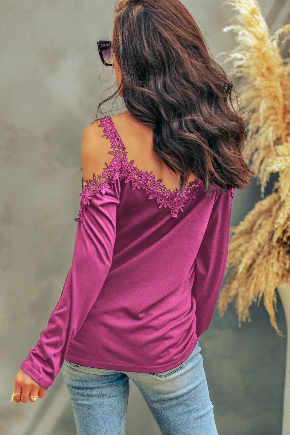 Lace Detail Cold Shoulder Long Sleeve T-Shirt - Flyclothing LLC