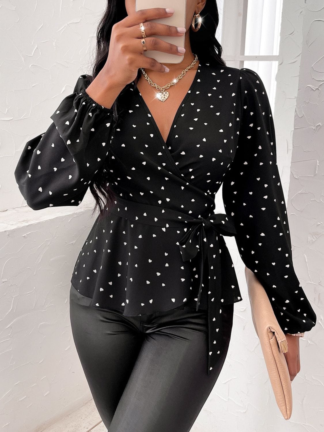 Heart Print Surplice Balloon Sleeve Blouse - Trendsi