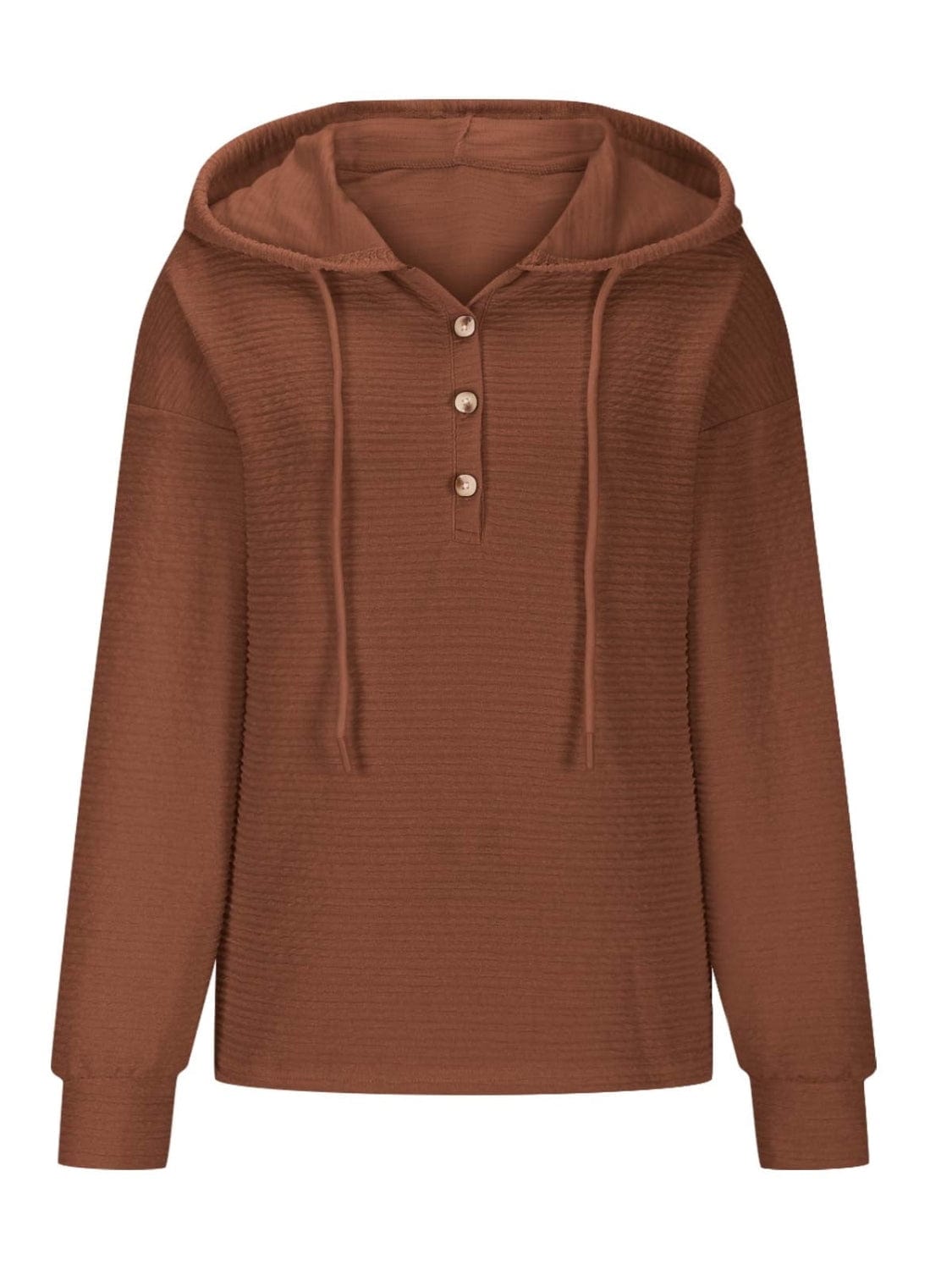 Drawstring Quarter Button Long Sleeve Hoodie - Trendsi