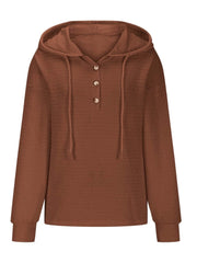 Drawstring Quarter Button Long Sleeve Hoodie - Trendsi