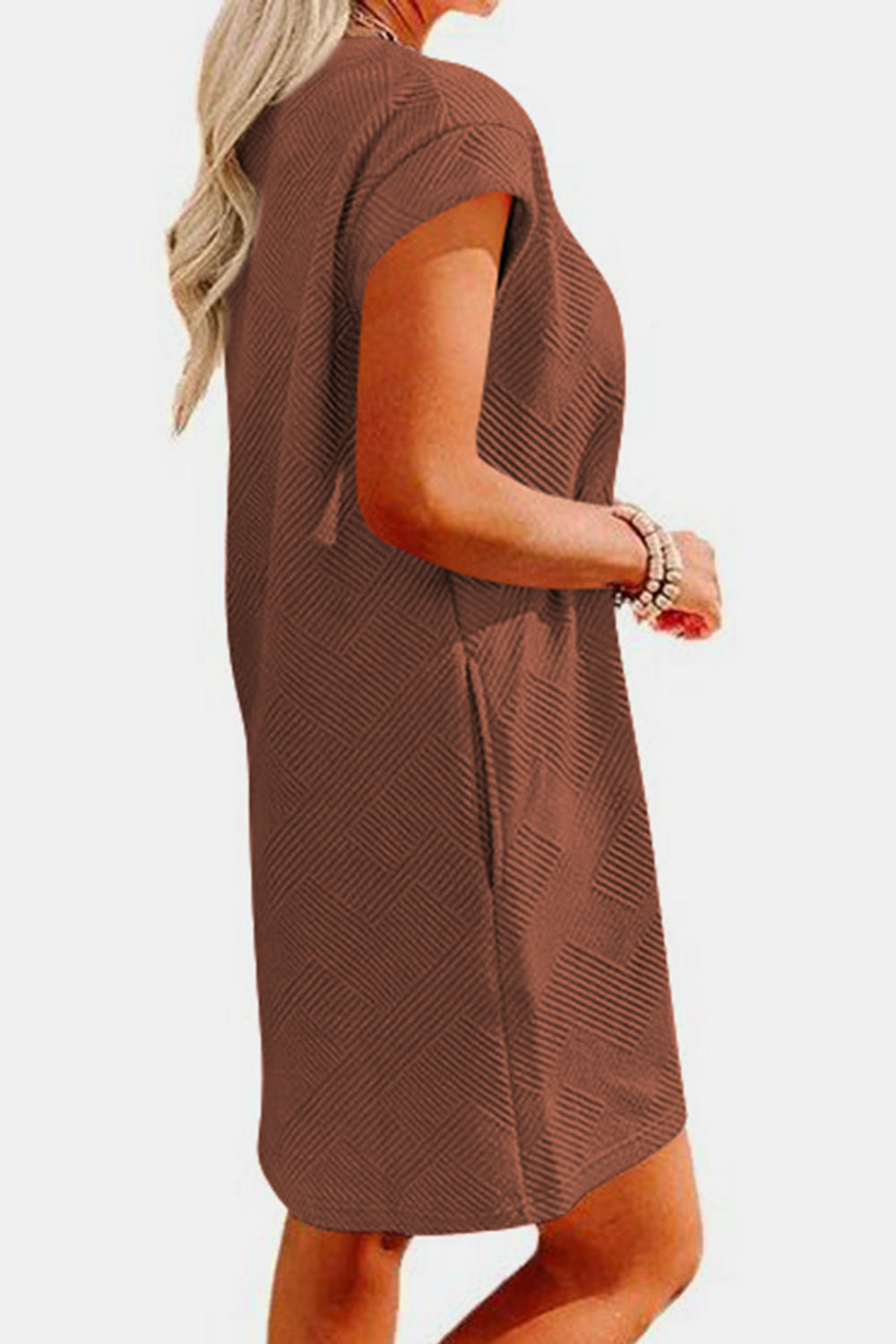 Textured Round Neck Cap Sleeve Dress Trendsi