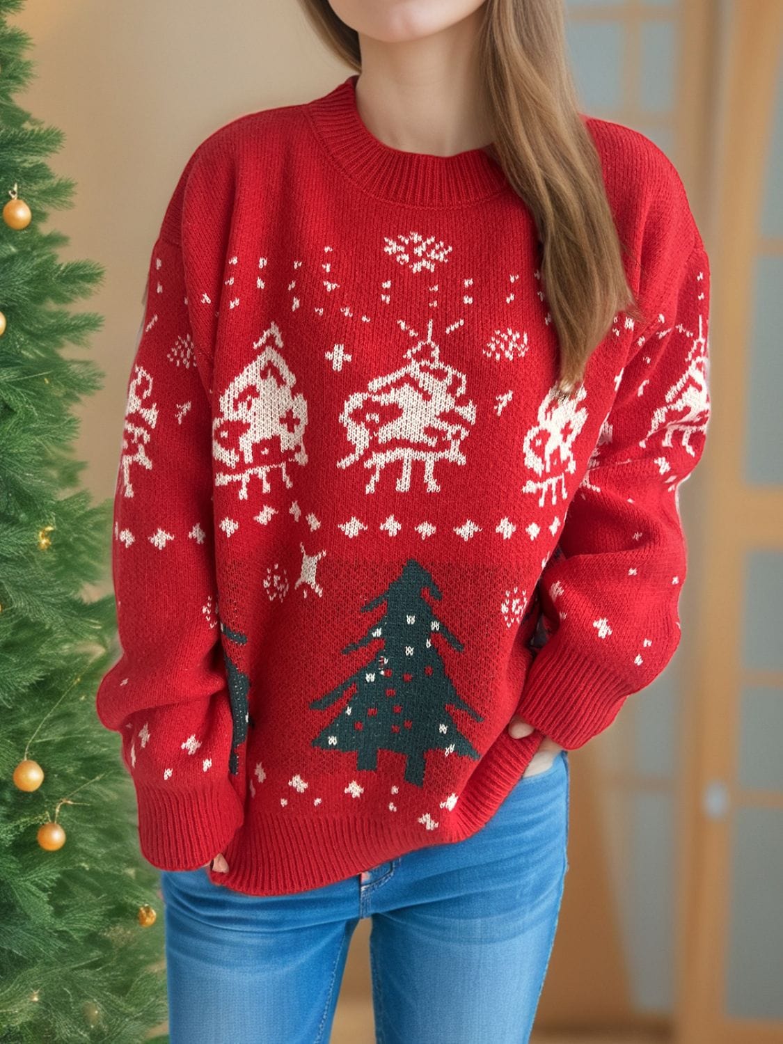 Christmas Element Round Neck Long Sleeve Sweater - Trendsi