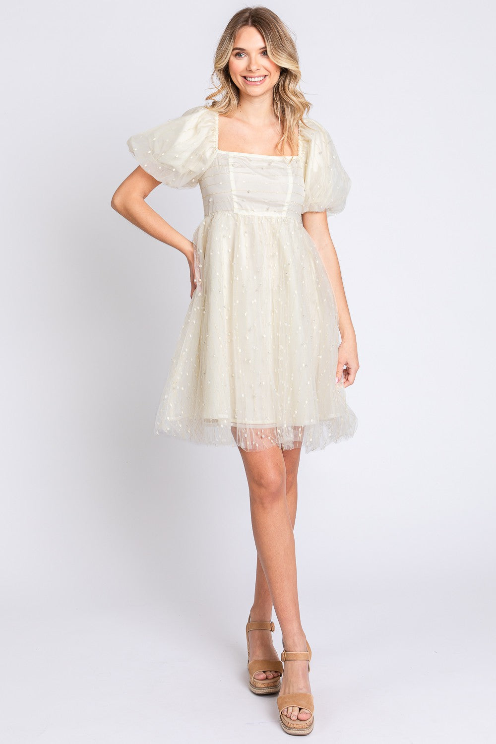 GeeGee Pearl Mesh Puff Sleeve Babydoll Dress Trendsi