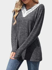 Lace Detail V-Neck Long Sleeve T-Shirt - Trendsi