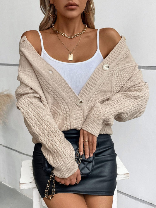 Cable-Knit Round Neck Button Up Cardigan - Trendsi