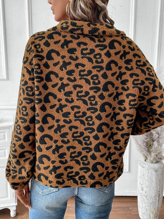 Leopard Half Zip Long Sleeve Sweatshirt - Trendsi