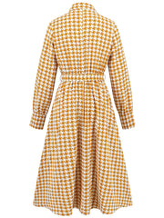 Tied Houndstooth Long Sleeve Midi Dress