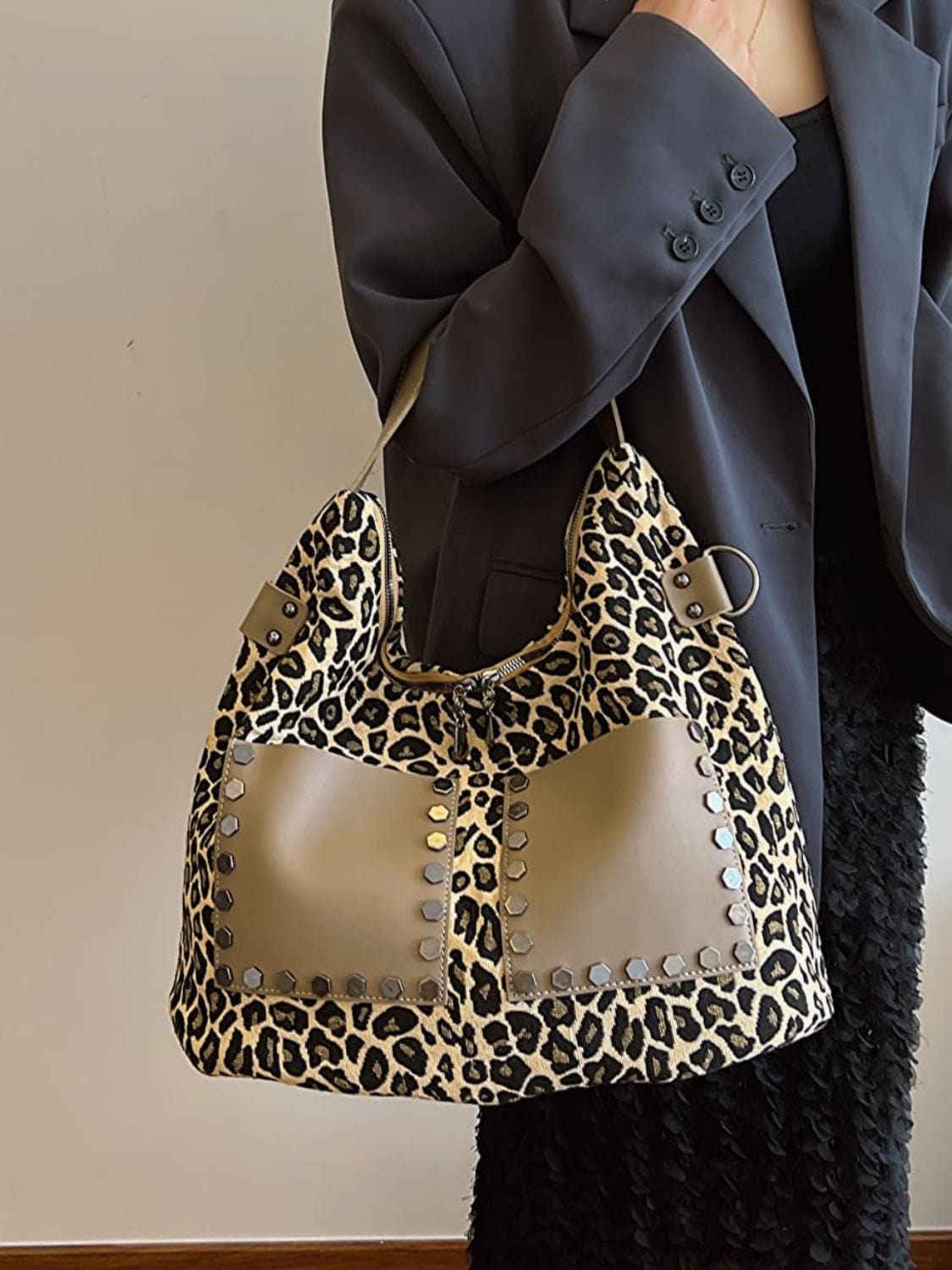 Leopard Polyester Shoulder Bag with Zippers - Trendsi