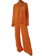 Collared Neck Long Sleeve Top and Pants Lounge Set - Trendsi