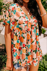 Printed V-Neck Short Sleeve Blouse Trendsi