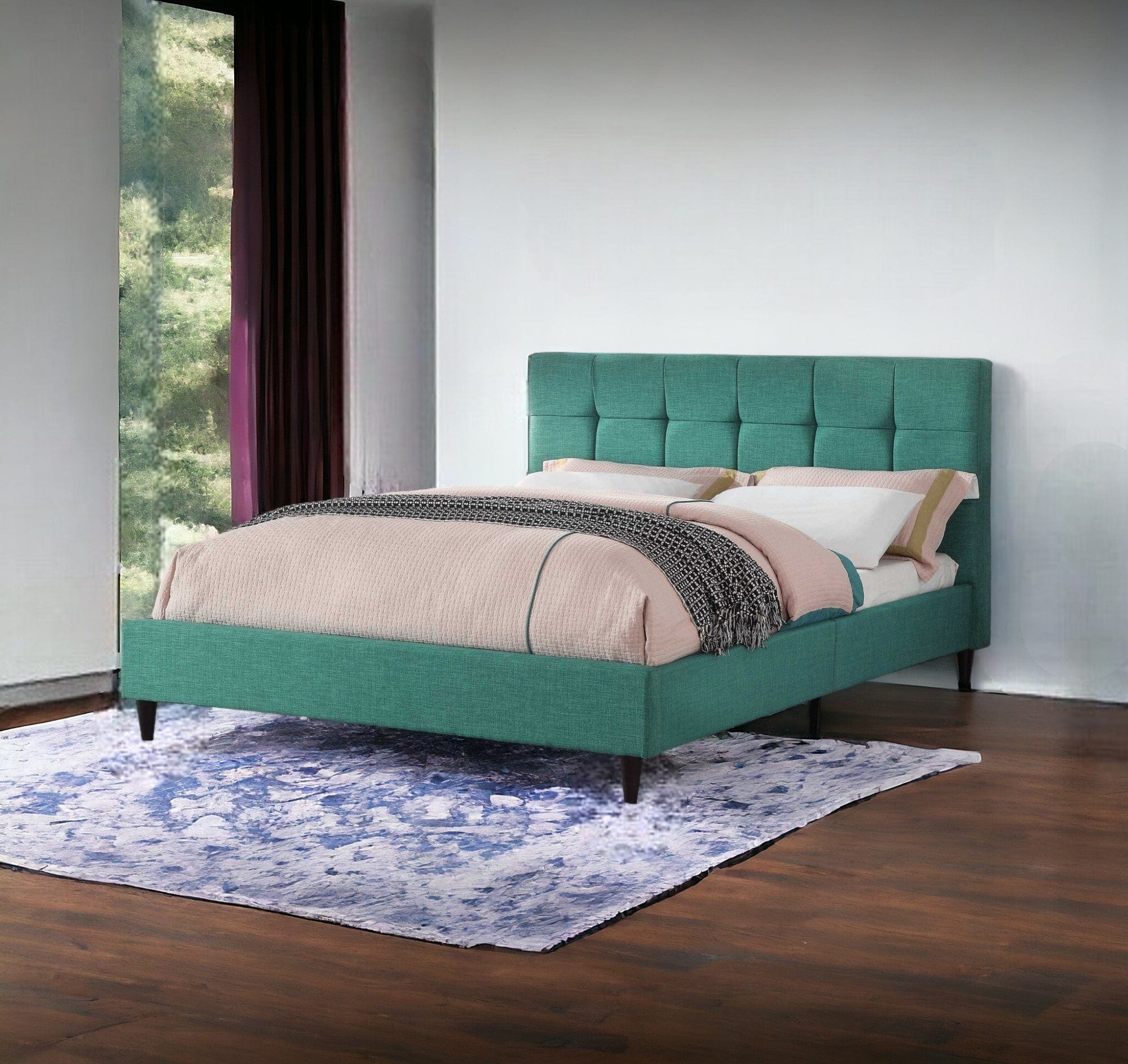 California King Blue Modern Upholstered Square Stitched Platform Bed - Homeroots