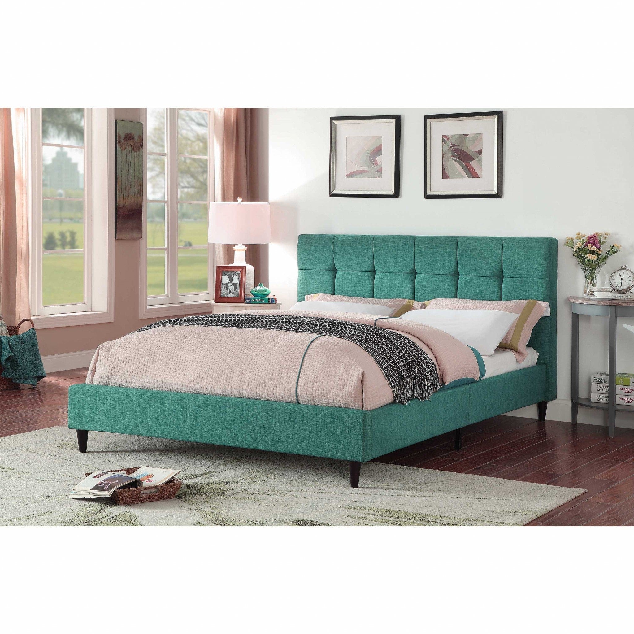 California King Blue Modern Upholstered Square Stitched Platform Bed - Homeroots