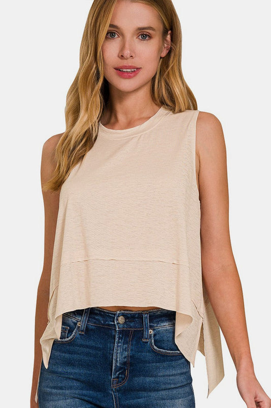 Zenana Exposed Seam Slit Round Neck Tank Trendsi