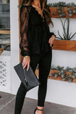 Lace Detail Plunge Long Sleeve Blouse - Flyclothing LLC