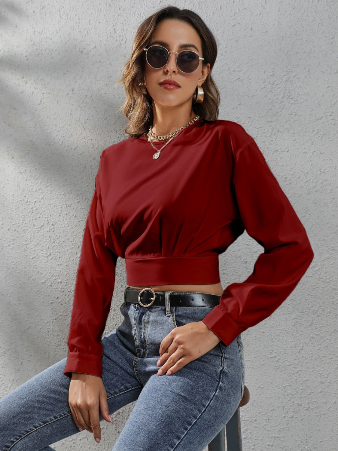 Round Neck Long Sleeve Blouse - Flyclothing LLC