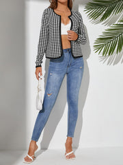 Houndstooth Open Front Long Sleeve Jacket - Trendsi