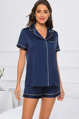 Printed Button Up Short Sleeve Top and Shorts Lounge Set - Flyclothing LLC