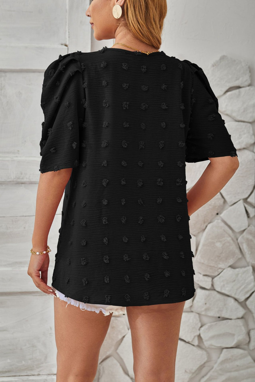 Swiss Dot Round Neck Short Sleeve Blouse Trendsi